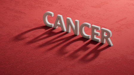 Text CANCER on shadow of 3d charcaters. Square wood blocks. Top view, flat lay.close up of shadow of...