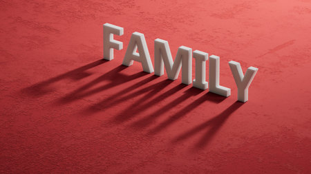 family.shadow of 3d charcaters spelling.Flat lay view from above on red background with shadow of 3d...