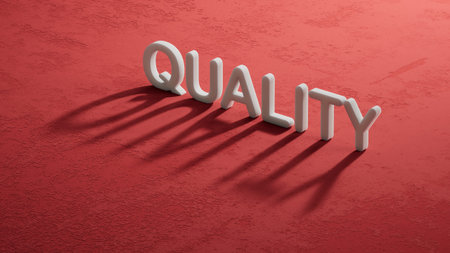 Word QUALITY on shadow of 3d charcaters. Evaluation of good or services business concept.3D...