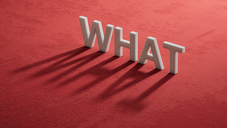 what? .the word spelled out using shadow of 3d charcaters. Education concept.3D rendering on red...