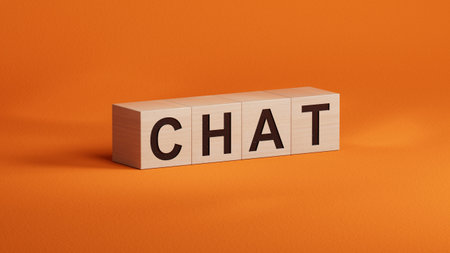 Chat.wooden cubes spelling.Flat lay view from above on wooden cubes buttons.IT technology concept.3D...