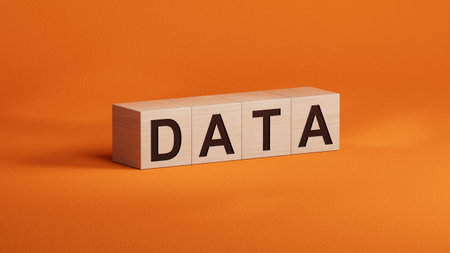 data.wooden cubes spelling.Flat lay view from above on wooden cubes buttons.IT technology concept.3D...