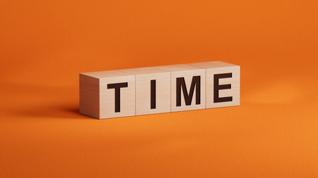 Time.wooden cubes spelling.Flat lay view from above on wooden cubes buttons.IT technology concept.3D...