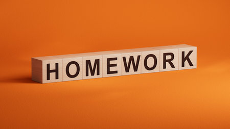 Homework.3D illustration of wooden cubes.close up of wooden cubes,3D rendering on orange background.