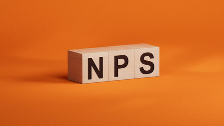 word nps with wooden cubes.close up of wooden cubes,Business Concept.3D rendering on orange...