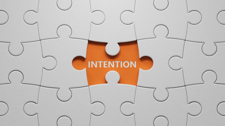 The white puzzle pieces with missing pieces with text INTENTION. financial market. financing.close...