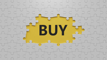 Buy. The white puzzle pieces with missing pieces form the word Buy. The concept of the word Buy. 3D...