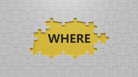 where? .the word spelled out using The white puzzle pieces with missing pieces. Education concept.3D...