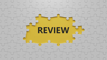 Review.3D illustration of The white puzzle pieces with missing pieces.close up of The white puzzle...
