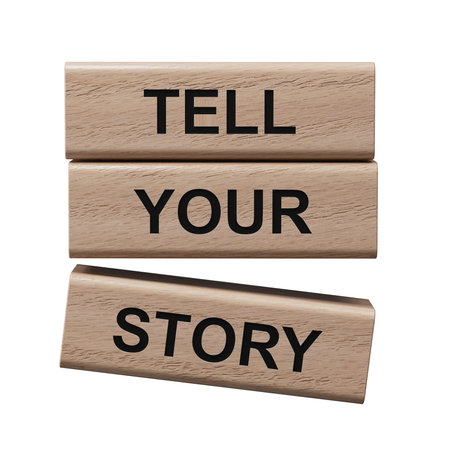 Tell your story symbol. wooden blocks with words Tell your story.Business and Tell your story...