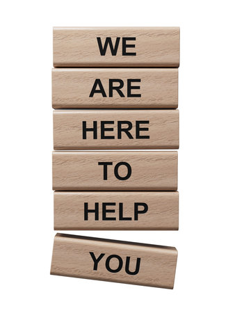 We are here to help you symbol. Concept words we are here to help you on wooden blocks.Business and...