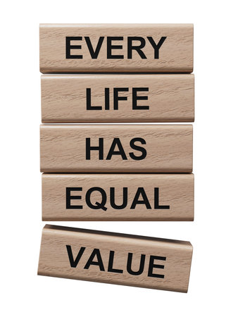 Equality symbol. wooden blocks with words Every Life has Equal Value.Equality and life concept. Copy...