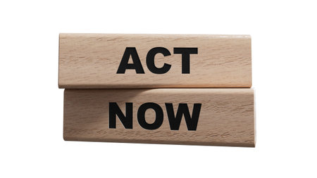 Act now symbol. wooden blocks with words Act now.Business and Act now concept. Copy space.Supports PNG files with transparent backgrounds.の写真素材