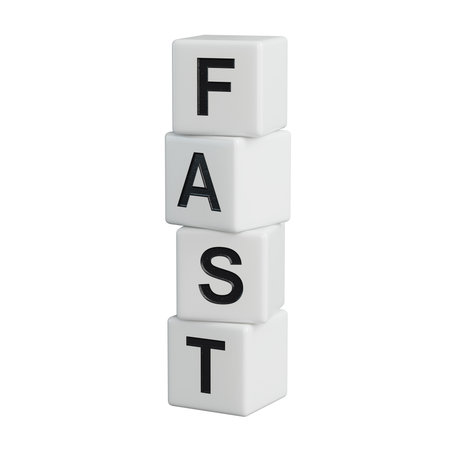 The acronym "FAST" is used as mnemonic to help a person having a stroke. "FAST" stands for "facial drooping", "arm weakness", "speech difficulties" and "time to call emergency services".の写真素材