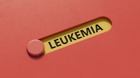 Doctor holding card in hands and pointing the word LEUKEMIA.close up of slide switch spelling.3D...