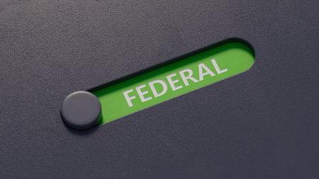 The word federal written on slide switch spellings. Business and finance concept.close up of slide switch spelling,Business Concept.3D rendering.の写真素材