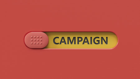 The hand puts a slide switch spelling with sign campaign. The word is written on slide switch...