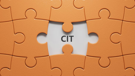Three puzzle pieces with missing pieces with letters CIT.close up of puzzle pieces with missing pieces,Business Concept.3D rendering.の写真素材