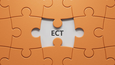 The word ECT is written on puzzle pieces with missing pieces. Medical concept. Close up of puzzle pieces with missing pieces. 3D rendering.の写真素材
