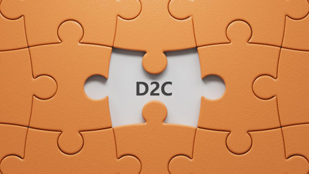 three stone puzzle pieces with missing pieces, tables with the word D2C - acronym Direct to Consumer. close up of puzzle pieces with missing pieces, Business Concept. 3D rendering.の写真素材