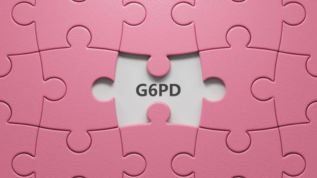 puzzle pieces with missing pieces with the word g6pd. Care concept.close up of puzzle pieces with missing pieces,Business Concept.3D rendering.の写真素材
