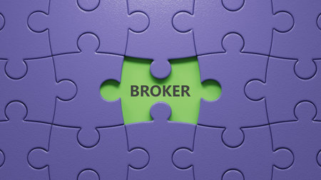 puzzle pieces with missing pieces with BROKER business word.close up of puzzle pieces with missing pieces,Business Concept.3D rendering.の写真素材