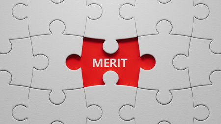 Merit symbol. Concept word Merit on puzzle pieces with missing pieces.Business and Merit concept. Copy space.close up of puzzle pieces with missing pieces,Business Concept.3D rendering.の写真素材