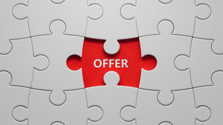 Offer symbol. puzzle pieces with missing pieces with word Offer.close up of puzzle pieces with missing pieces,Business Concept.3D rendering.の写真素材