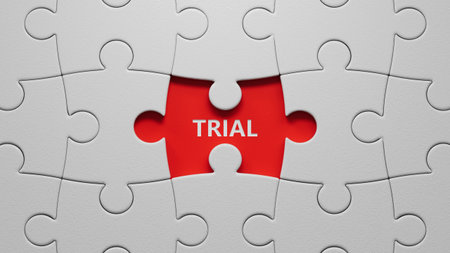 trial, word cube on wood background.close up of puzzle pieces with missing pieces,Business Concept.3D rendering.の写真素材