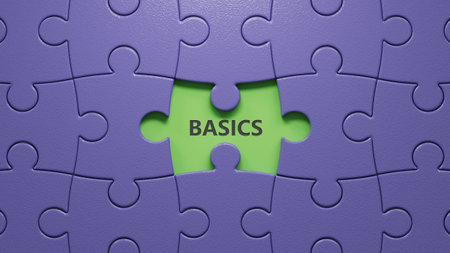 Basics symbol. Concept word Basics on puzzle pieces with missing pieces.Business and Basics concept.close up of puzzle pieces with missing pieces,Business Concept.3D rendering.の写真素材
