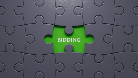 The word bidding written on puzzle pieces with missing pieces. Business and finance concept.close up of puzzle pieces with missing pieces,Business Concept.3D rendering.の写真素材