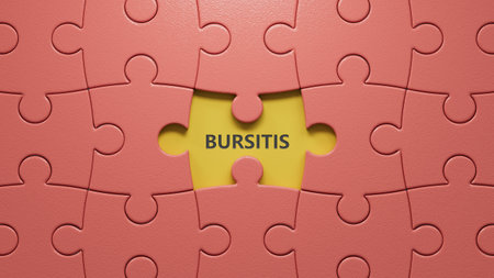 The word BURSITIS is written on puzzle pieces with missing pieces. Medical concept.close up of puzzle pieces with missing pieces.3D rendering.の写真素材