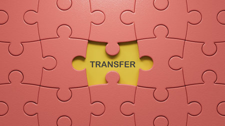 Transfer. 3D illustration of puzzle pieces with missing pieces. Close up of puzzle pieces with missing pieces, 3D rendering.の写真素材
