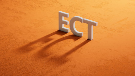 The word ECT is written on shadow of 3d characters. Medical concept. Close up of shadow of 3d characters. 3D rendering.の写真素材