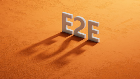 text E2E is written on shadow of 3d characters standing in a row. around the blocks with letters. can be used for business and financial concepts. selective focus. 3D rendering.の写真素材