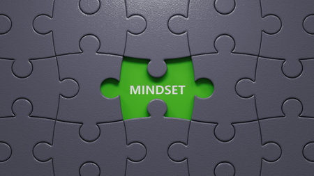 Mindset is a word written in green letters on puzzle pieces with missing pieces. Mindset text on puzzle pieces with missing pieces. Close up of puzzle pieces with missing pieces.の写真素材