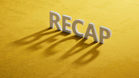 Recap symbol. Shadow of 3D characters with word Recap. Recap concept. Copy space. Close up of shadow of 3D characters. Business Concept. 3D rendering.の写真素材
