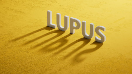 The word LUPUS is written on shadow of 3d characters. Medical concept. Close up of shadow of 3d characters. 3D rendering.の写真素材