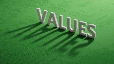 values word written on wood block. close up of shadow of 3d characters.の写真素材