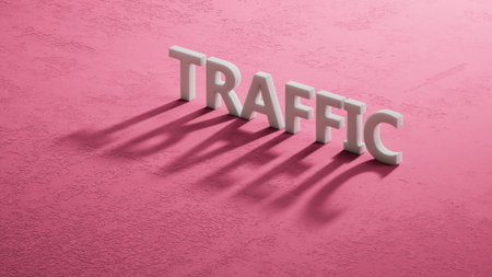 Wood block cube shape put the front computer keyboard with word TRAFFIC.close up of shadow of 3d charcaters,Business Concept.3D rendering.の写真素材