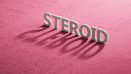 Word STEROID made from wooden letters. Plant on background. Medical concept. Close up of shadow of 3D characters. 3D rendering.の写真素材