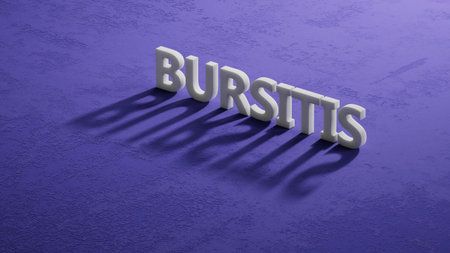 The word BURSITIS is written on shadow of 3d characters. Medical concept. Close up of shadow of 3d characters. 3D rendering.の写真素材