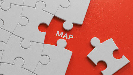 3D illustration of MAP in English, using a bold font. It conveys navigation and clarity.puzzle pieces with missing pieces.3D rendering.の写真素材