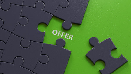 Offer symbol. puzzle pieces with missing pieces with word Offer.close up of puzzle pieces with missing pieces,Business Concept.3D rendering.の写真素材
