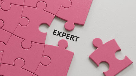 puzzle pieces with missing pieces with EXPERT business word. Mission, Vision and core values concept.close up of puzzle pieces with missing pieces,Business Concept.3D rendering.の写真素材