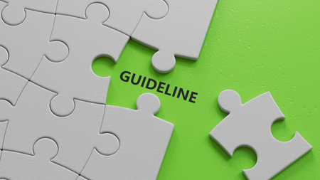 puzzle pieces with missing pieces with text GUIDELINE. financial market. financing.close up of puzzle pieces with missing pieces,Business Concept.3D rendering.の写真素材