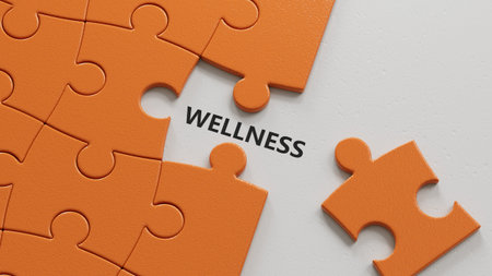 Wellness text word on puzzle pieces with missing pieces.3D rendering.の写真素材
