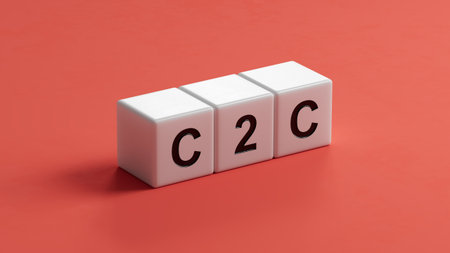 3D illustration of C2C in English, using a bold font. It conveys consumer and consumer interaction.wooden cubes.3D rendering.の写真素材
