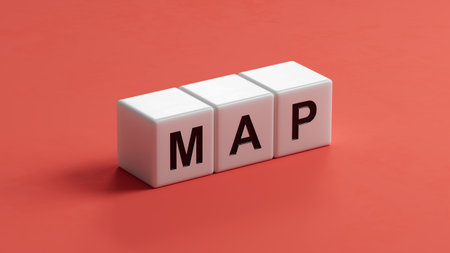 3D illustration of MAP in English, using a bold font. It conveys navigation and clarity.wooden...