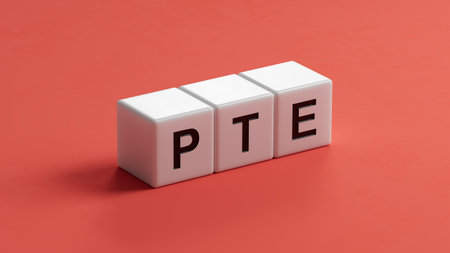 Three wooden cubes with the letters PTE. Close up of wooden cubes, business concept. 3D rendering.の写真素材